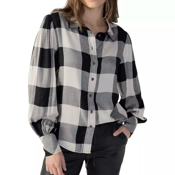 Sanctuary Black & Cream Plaid Long Sleeve Button Down Shirt Women’s Size Medium - Picture 15 of 16
